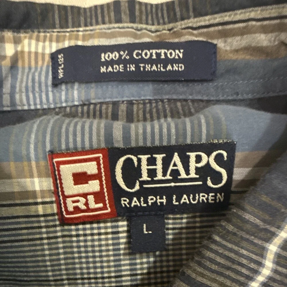 Vintage Chaps Ralph Lauren Plaid Shirt Mens L Short Sleeve Button Down Blue 90s